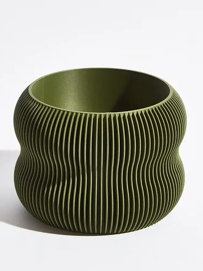 Sustainable 3D Printed Forest Green Plant Pot, bubble design, against a white background. 