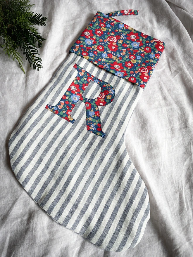 Navy Stripe Linen Stocking with Liberty Print Cuff and Letter