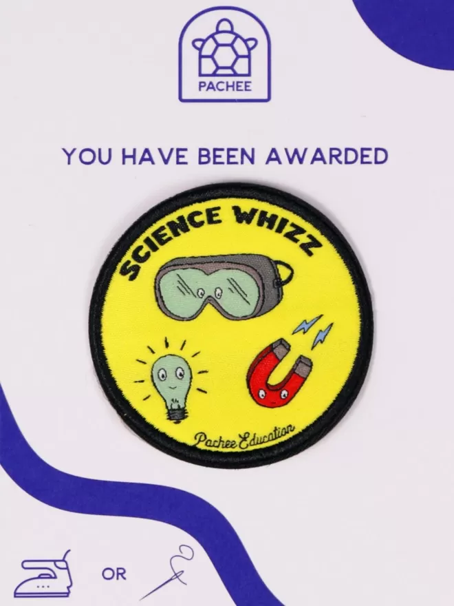 The Science Whizz Patch seen on the blue and white Pachee gift card.