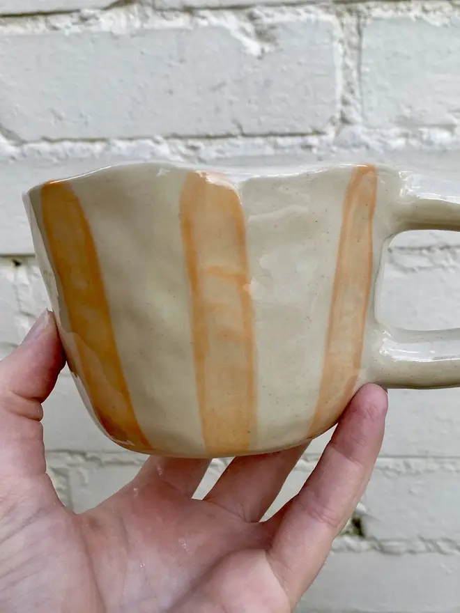 orange white stripe handmade ceramic smiley face mug