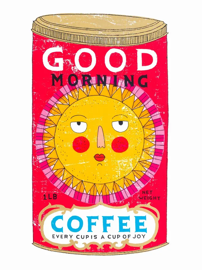 Sun Coffee Tin Good Morning Sunshine, a colourful coffee tin design on a white screenprint. 