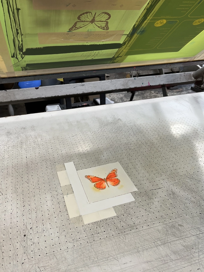 Monarch butterfly screenprint artwork by London based artist and textile designer Kath Leone process photos
