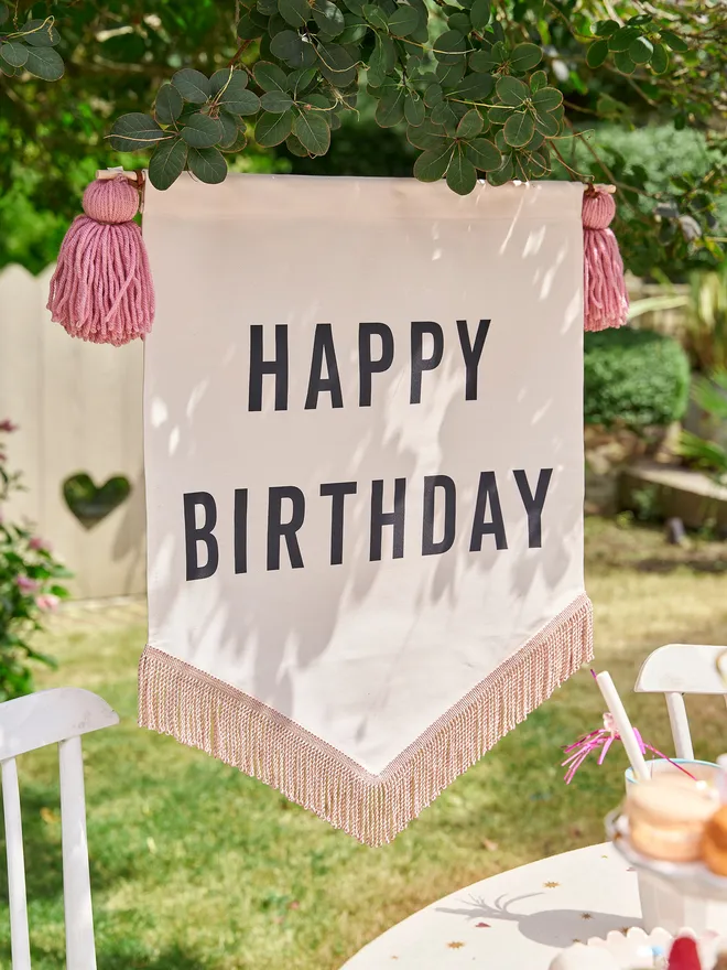 Large Handmade Fabric Happy Birthday Banner with Tassels and Gold trim