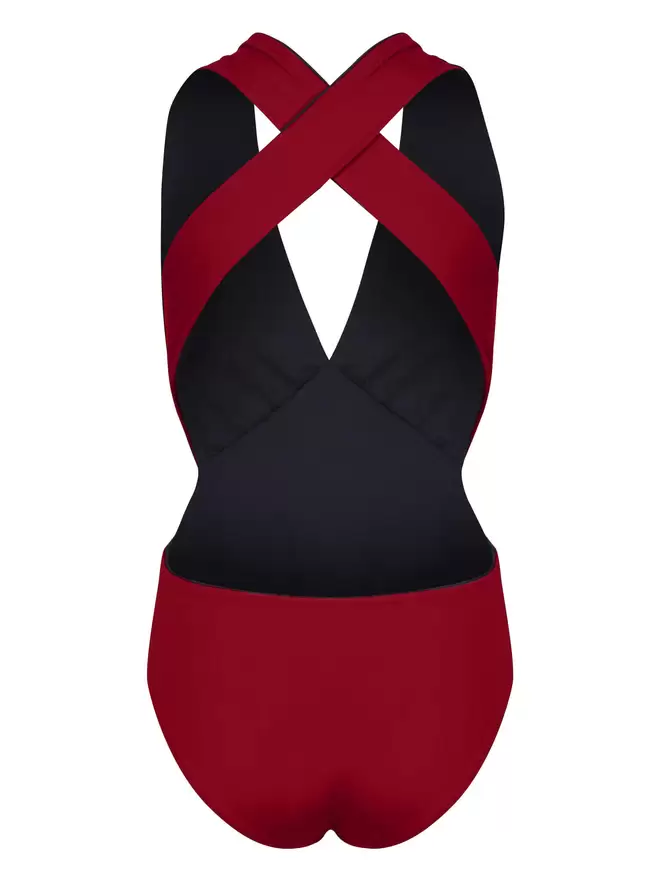 Back view of red Davy J Sustainable Waterwear cutout swimsuit with plunge neckline and wide cross back straps, on white background