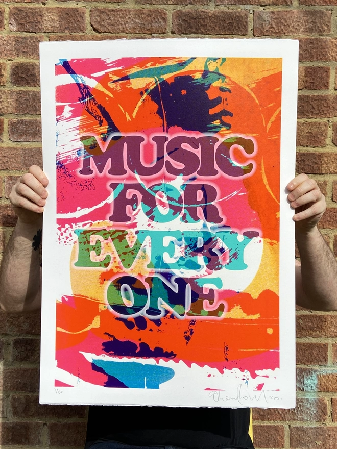 "Music For Everyone" Hand Pulled Screen Print collage background with different artistic markings and music for everyone printed on top in transparent blue green letters with a white glow outline 