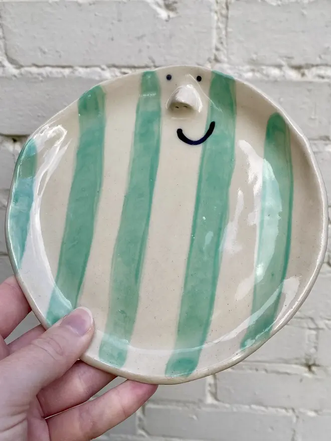 green white stripe smiley face ceramic handmade plate