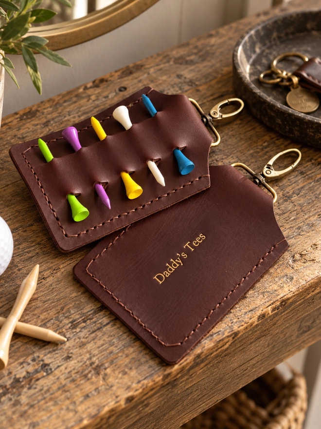 Chocolate brown leather golf tee holder