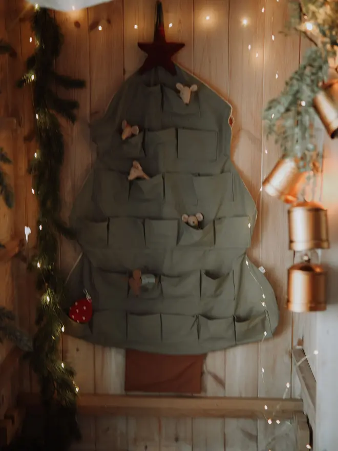 Fabric Christmas tree advent calendar with 24 pockets for children Green advent calendar for festive nursery and kids room decor Handmade Christmas tree wall hanging advent calendar