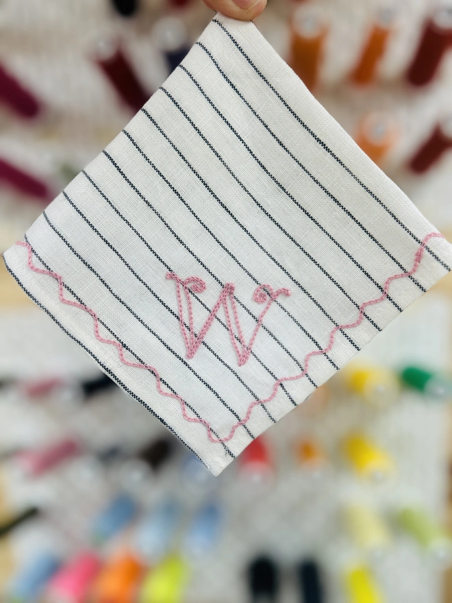 Embroidered Linen Stripe Handkerchief with Monogram Letter