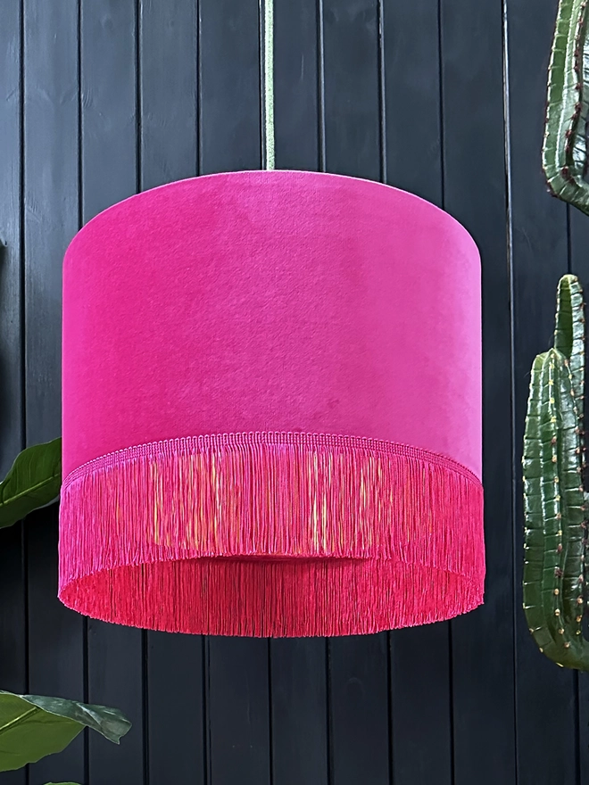 Raspberry Pink Velvet Lampshade With Gold Lining & Fringing. 