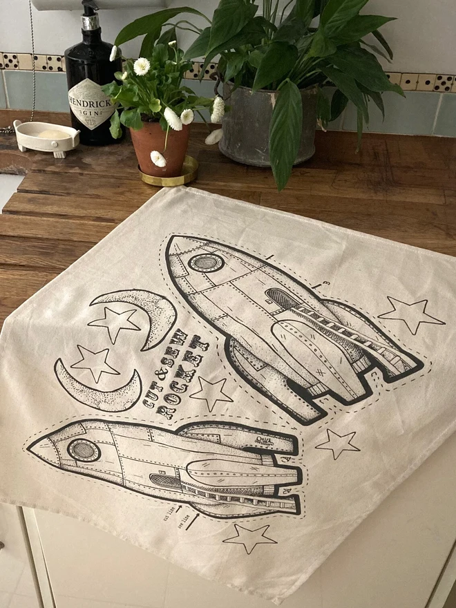 Space Rocket Tea Towel Or Cut & Sew