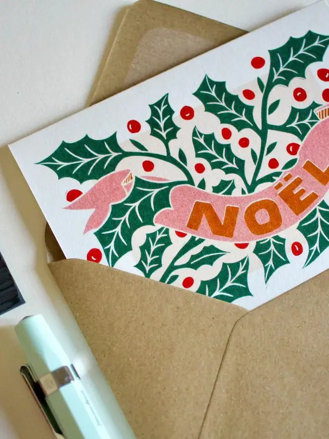 noel holly leaves christmas card