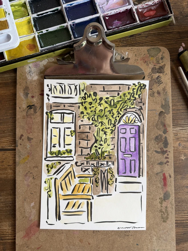House Portrait personalised bench foliage pretty london townhouse