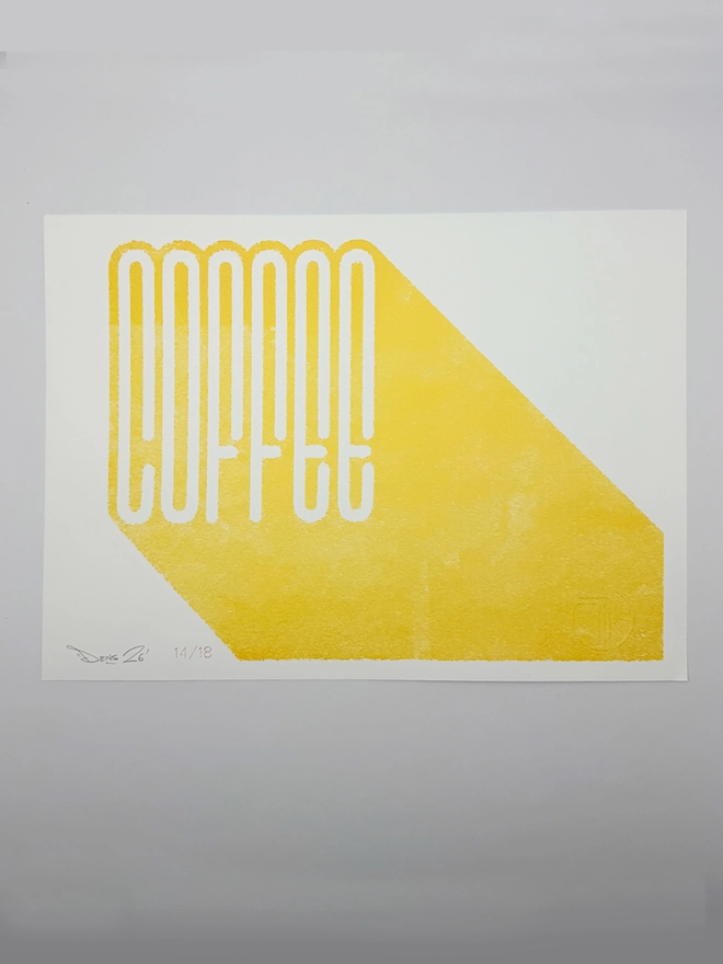 'Coffee' Gold Screen Print, on a white background. 