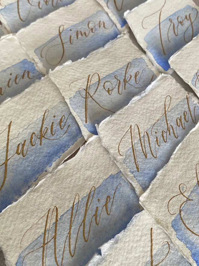 Watercolour wash blue placecards