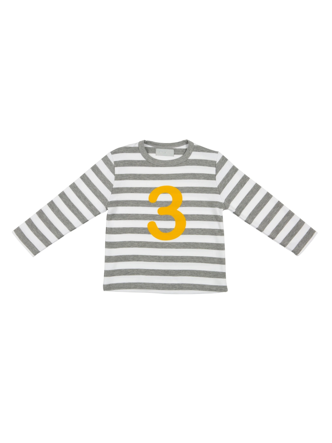 Grey Marl & White Striped Number 3 T Shirt (Mustard)