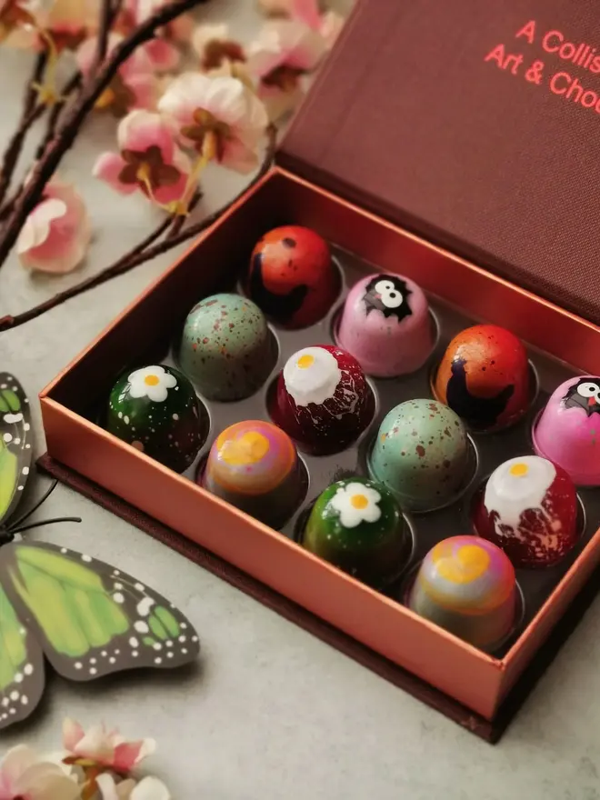 box of colourful easter-themed chocolate bon bons