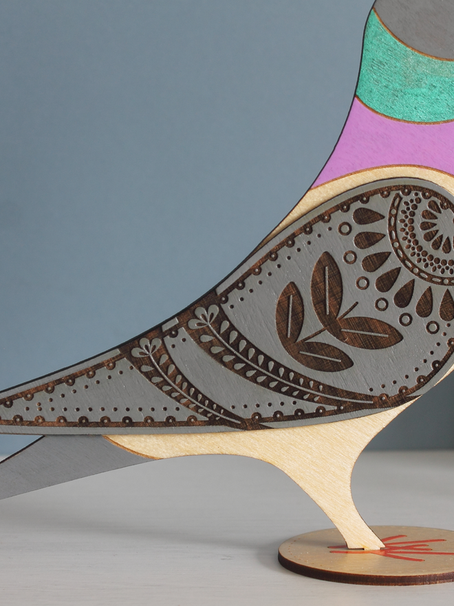standing wooden pigeon hand painted etched wing