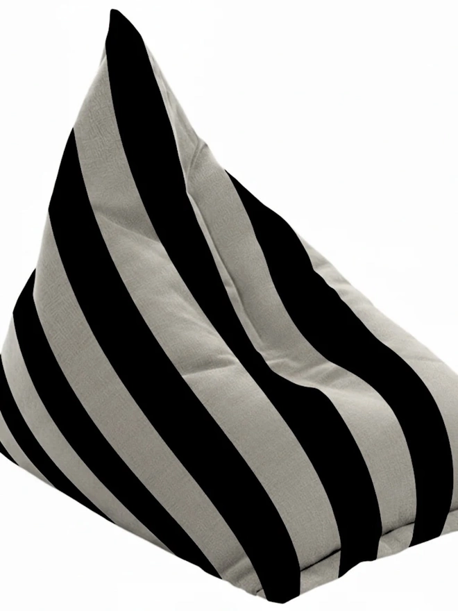 Hand Painted & Repurposed Linen Bean Bag Striped Chair, a black striped bean bag chair against a white background.