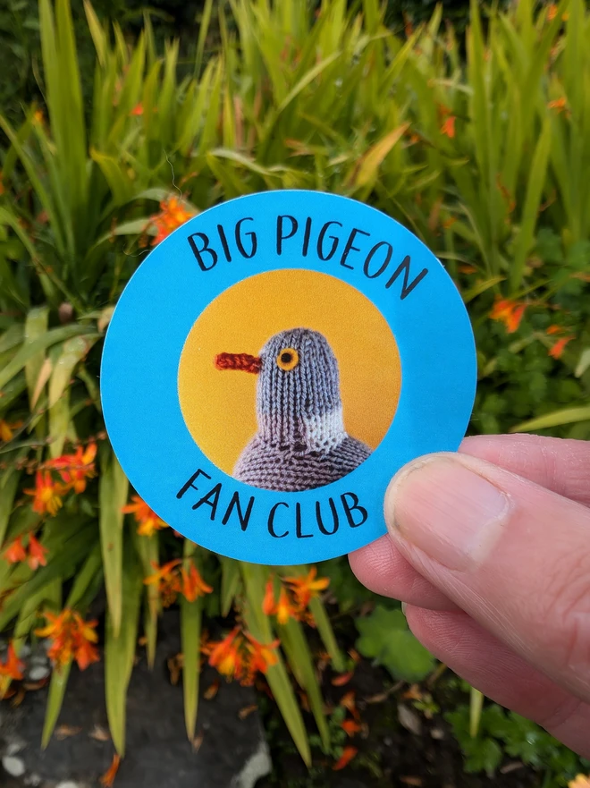 Big Pigeon Fan Club large sticker with a knitted woodpigeon on it