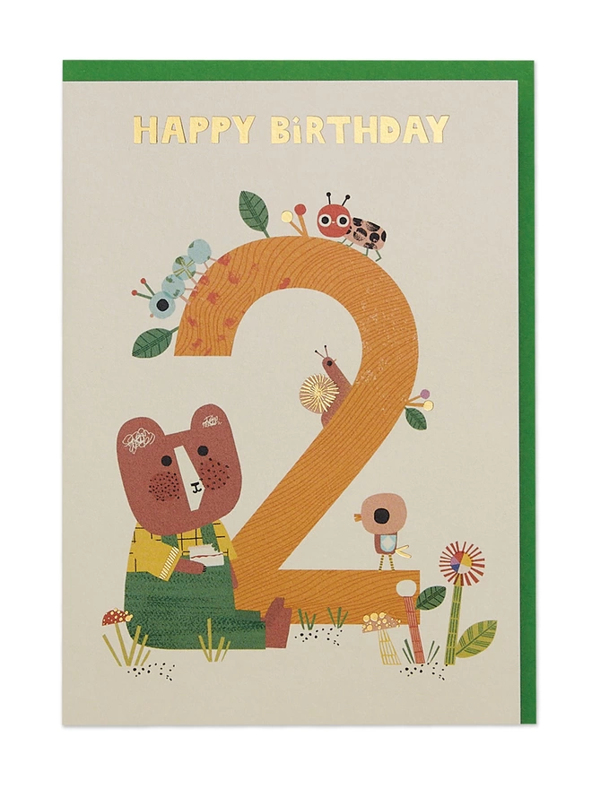 An age 2 card showing a bear sitting in a woodland surrounded by insect friends. Lots of detail and creatures to identify in this charming design.
