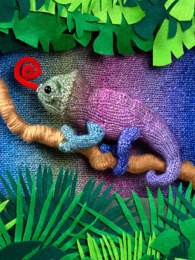 Chameleon Knitting Kit. A knitted multicoloured chameleon.