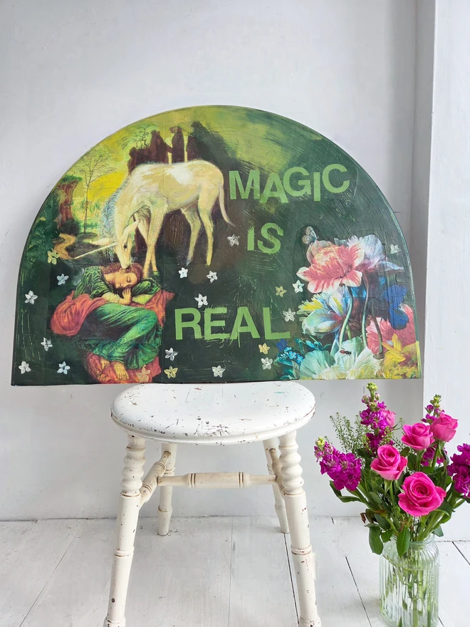 A magical unicorn art panel made from a reclaimed table-top