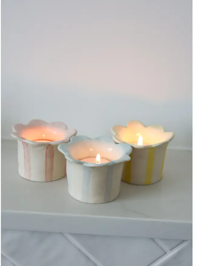 Daisy tealight holders, blue, pink, yellow