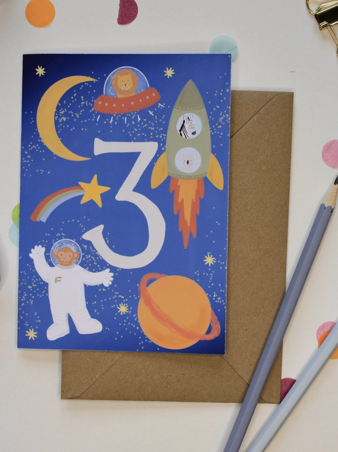 boys blue 3rd birthday card with animal  space rocket illustration