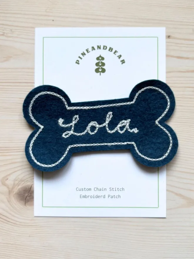 Personalised embroidered dog name patches in blue