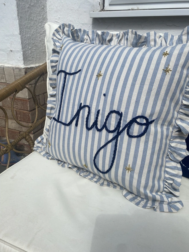 Blue Stripe Cushion With Ruffle Trim