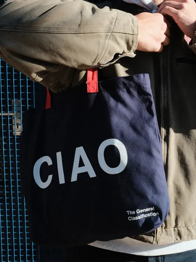 'Ciao' Tote Bag, on a man. 