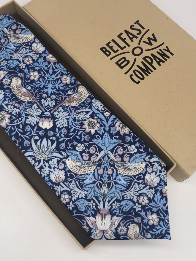 Navy Blue Strawberry Thief Tie handmade by the Belfast Bow Company