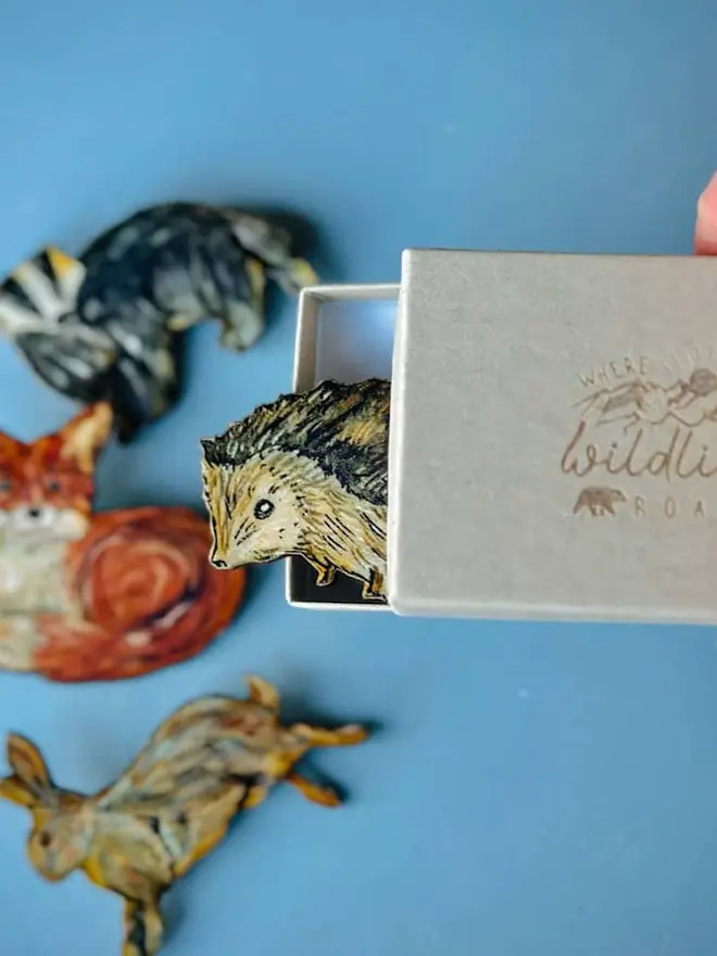 Hedgehog Brooch Wooden Accessory, in a beige white gift box. 