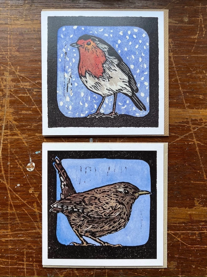 robin  wren linocut watercolour garden bird art cards
