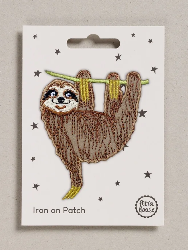 Sloth embroidered fabric patch with an iron-on backing
