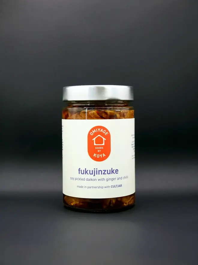 jar of fukujinzuke with white label