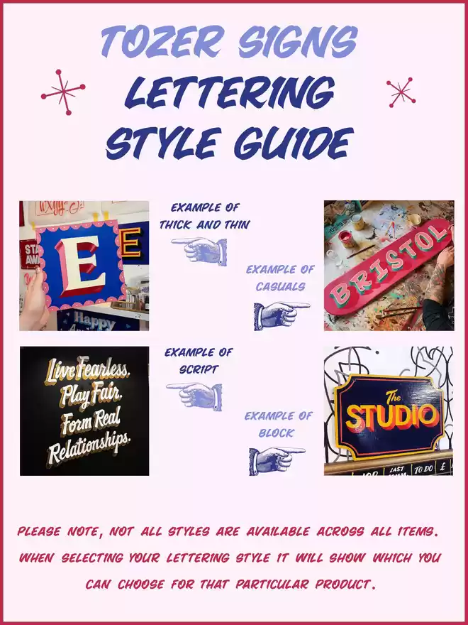 Lettering guide showing the four different options for various products - 'Thick and Thin', a more elegant, old-fashioned lettering style, 'Casual' - a fun, quirkier but still professional bold text, 'Script', a bouncy, fun lettering style and 'Block' - more basic capitals perfect for being bold.