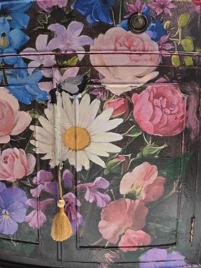 Painted vintage wooden cabinet with pink, blue and floral decoration