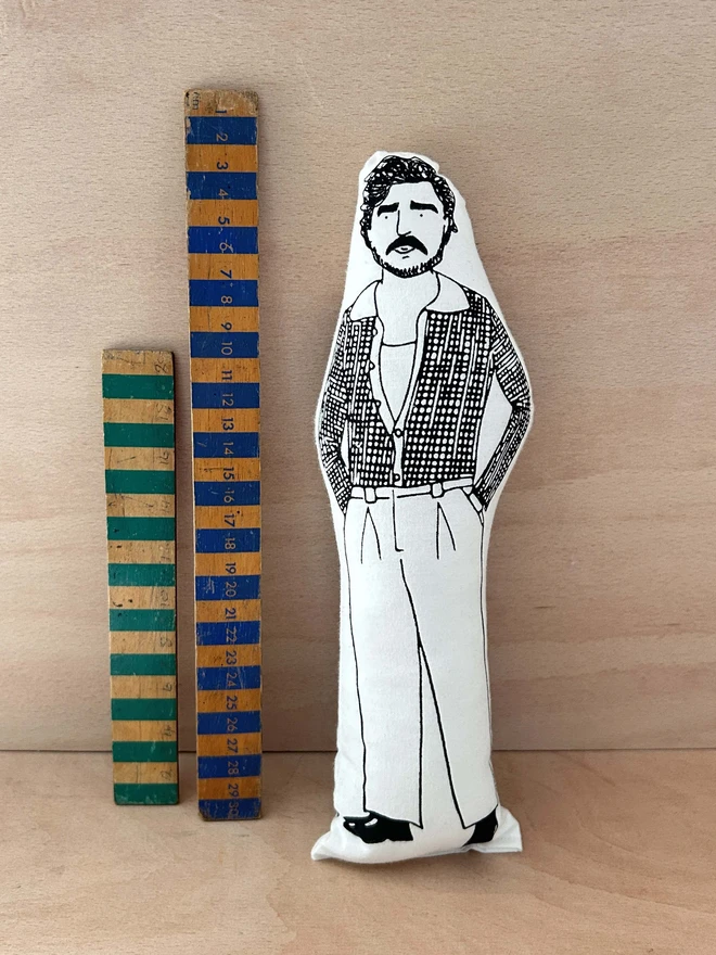 Idol cushion doll featuring a black and white illustration of Pedro Pascal.