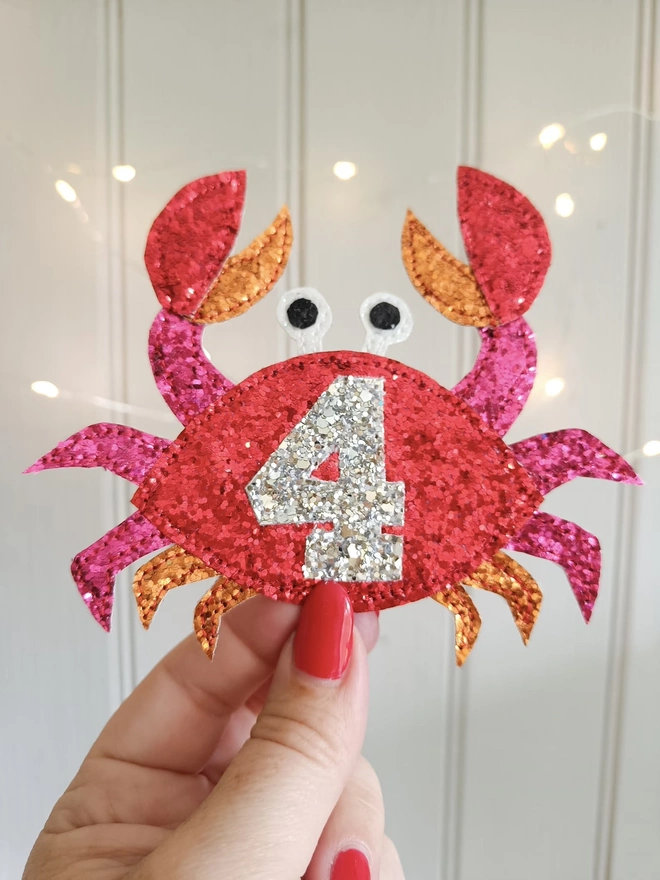 Personalised Glitter Crab Birthday Badge. 