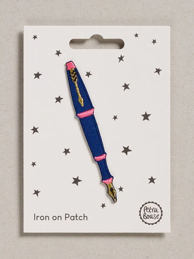 Embroidered fountin pen iron on fabric patch for customising.
