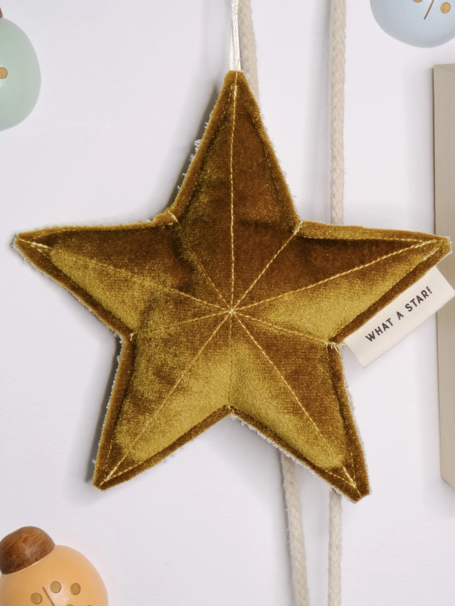 A gold velvet star hanging decoration with the wording What a Star! printed on the fabric label.