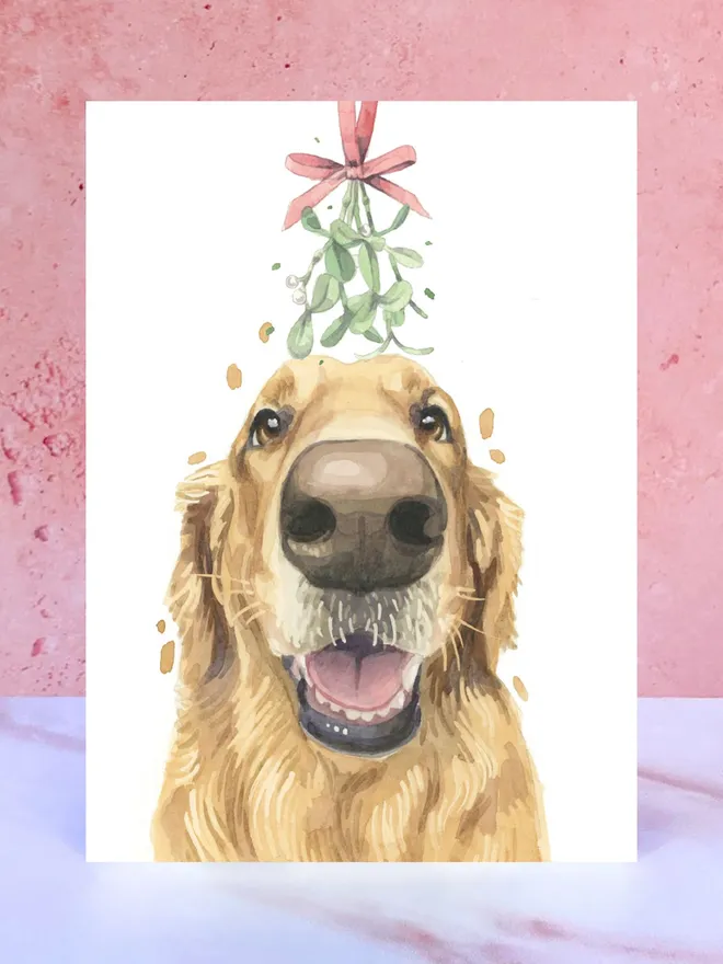 golden retriever dog mistletoe christmas card