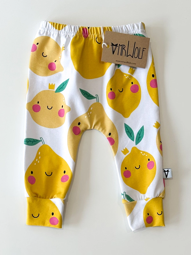 smiley lemons print leggings, t-shirt, shorties for babies, toddlers, kids