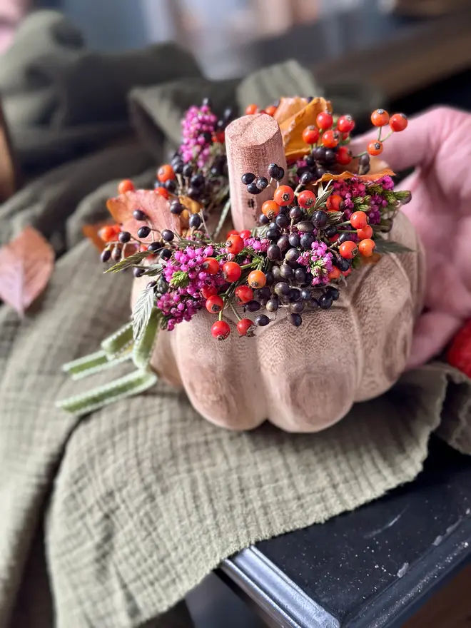 Carved Mango Wood Pumpkin with Heather and Berry Crown