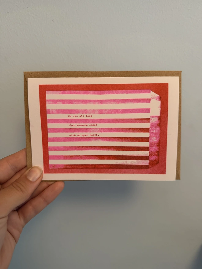 red and pink A6 risograph small art greetings card with poetic message