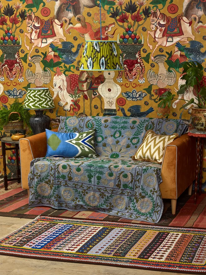 Pair of Vintage Ikat Lampshades in a Colourful Sitting Room