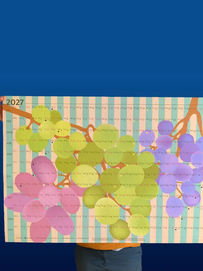 Grapes 2027 Calendar, on a blue background. 