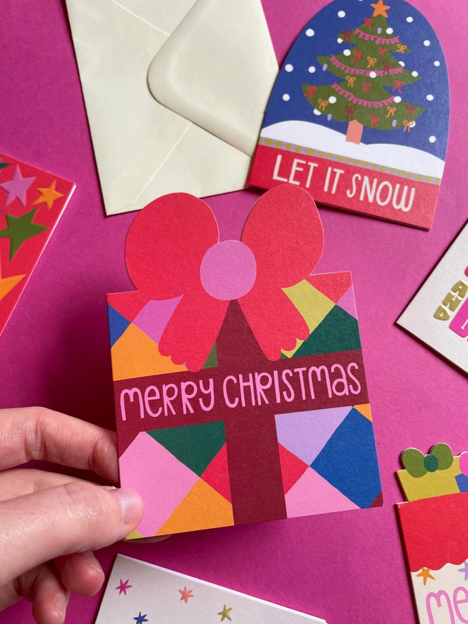 Colourful Christmas Present Shaped Mini Christmas Card ‘Merry Christmas’ | Raspberry Blossom